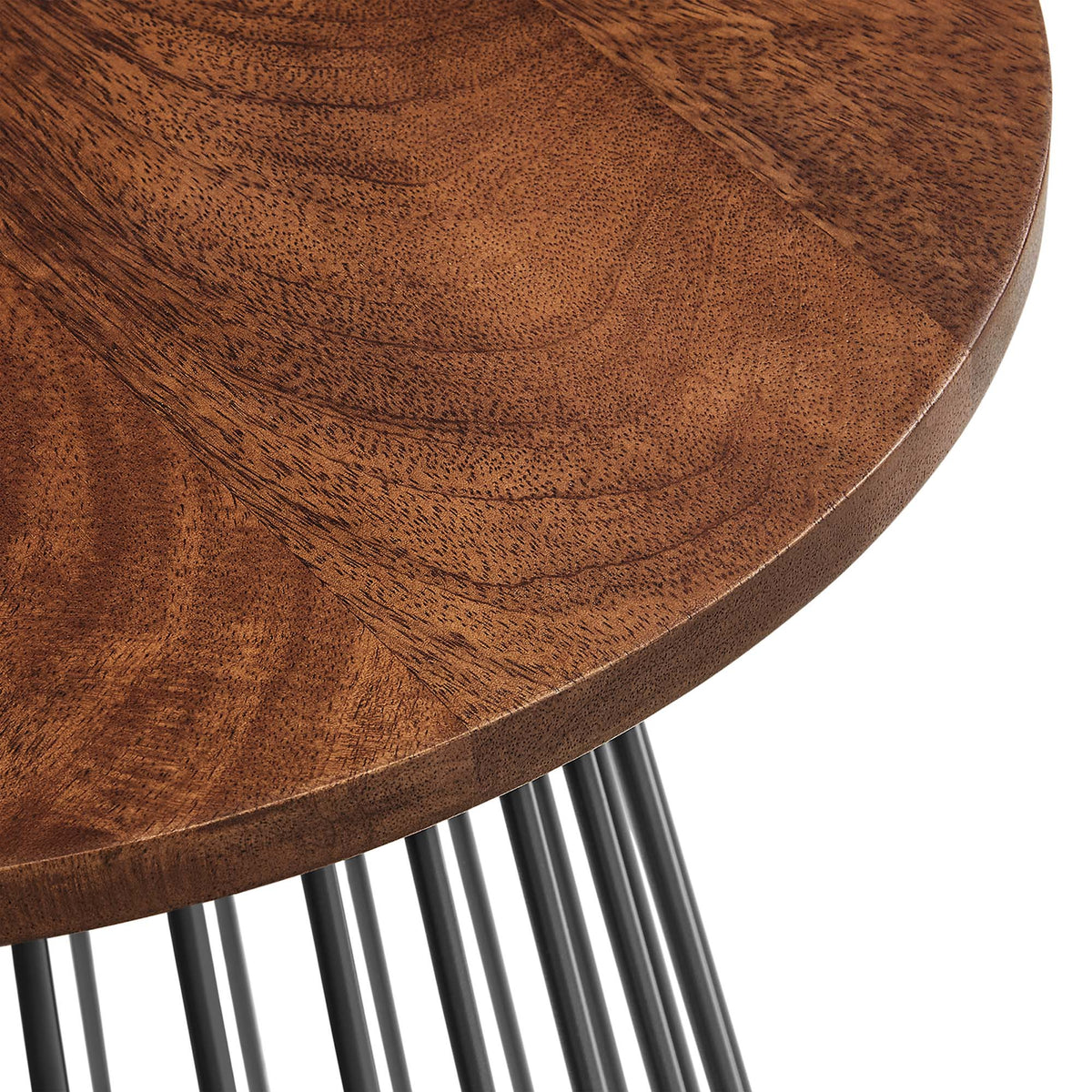 Valeo round wood and metal end table with warm brown top and black metal legs on Tampa Home & Garden Store