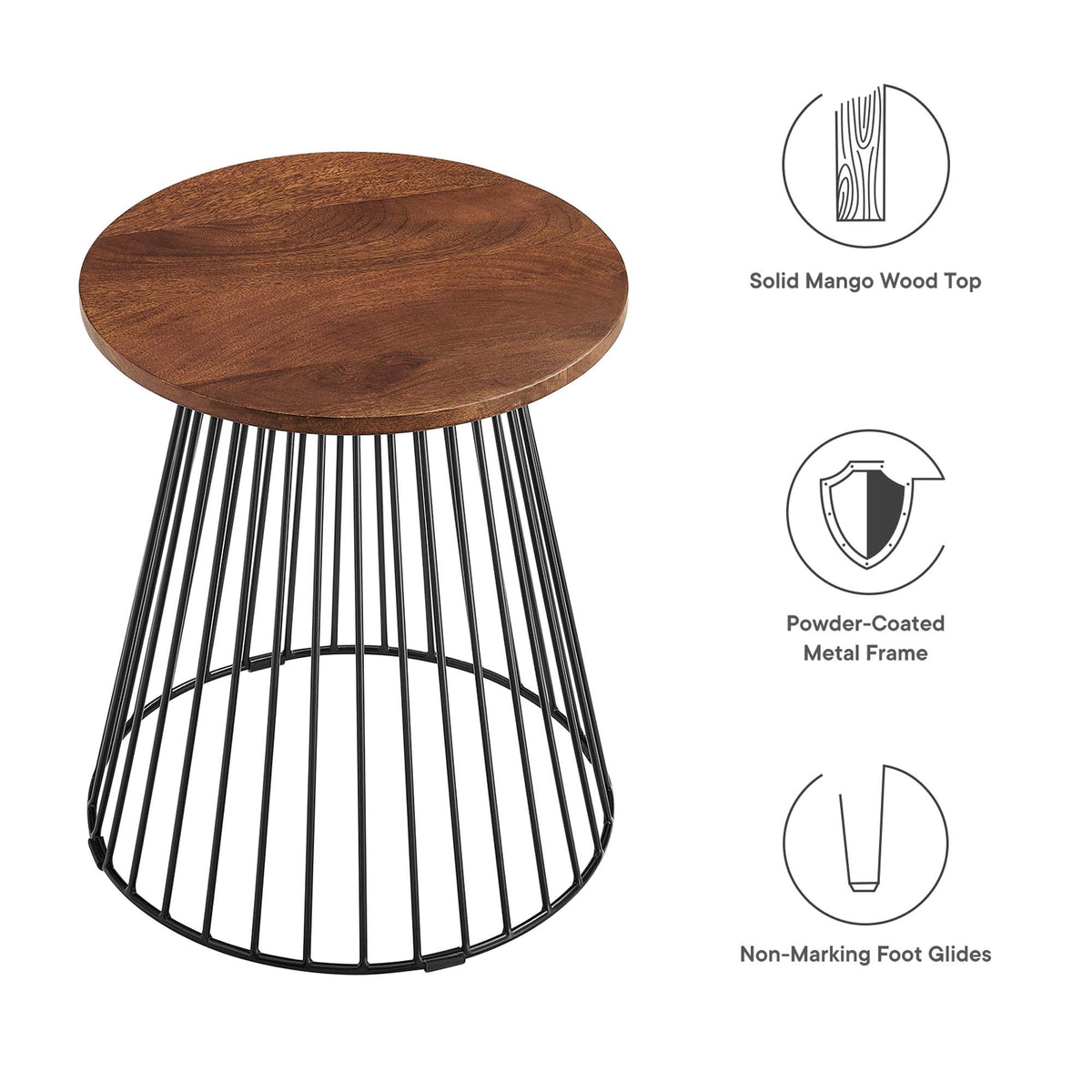 Valeo round wood and metal end table with solid mango top and powder-coated frame on Tampa Home & Garden Store