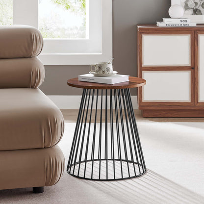 Valeo round wood and metal side table by Modway with black wire base in a modern living room on Tampa Home & Garden Store