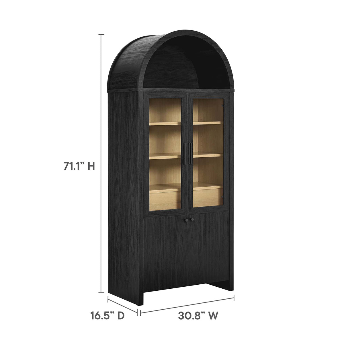Evie Arched Tall Cabinet by Modway; black cabinet with arched glass doors and light shelves on Tampa Home & Garden Store