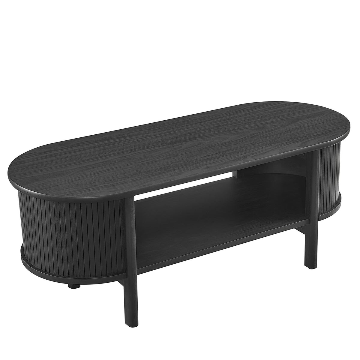Cadence coffee table black rubberwood with oval top, vertical ribbed sides, lower shelf on Tampa Home & Garden Store