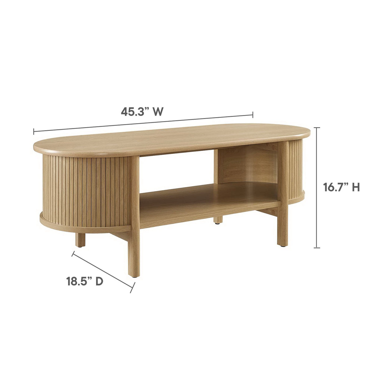 Cadence coffee table rubberwood with oval top and vertical slat sides, mid-century modern on Tampa Home & Garden Store