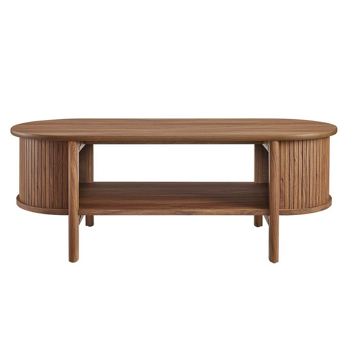 Cadence Coffee Table in rubberwood with an oval top and slatted mid-century curved sides on Tampa Home & Garden Store