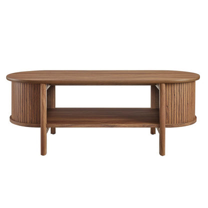 Cadence Coffee Table in rubberwood with an oval top and slatted mid-century curved sides on Tampa Home & Garden Store