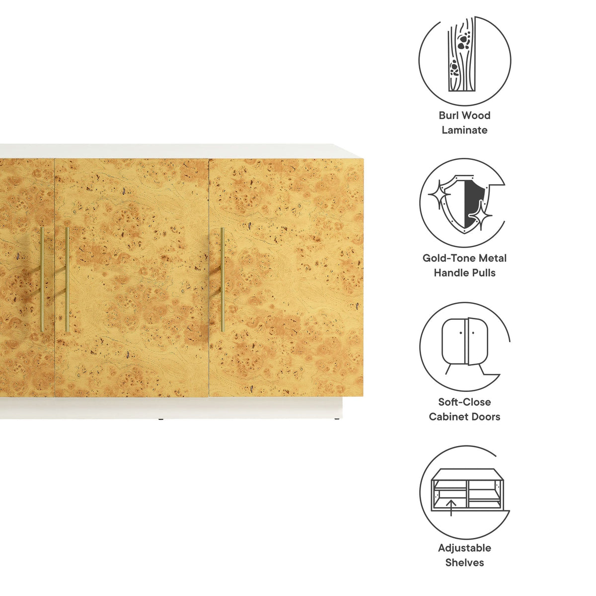 Abel Burl Wood Sideboard Buffet TV Stand burl wood with white top and gold-tone handles on Tampa Home & Garden Store