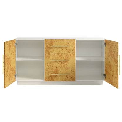 Abel burl wood sideboard with central burl drawers and side doors gray interior, metal pulls on Tampa Home & Garden Store
