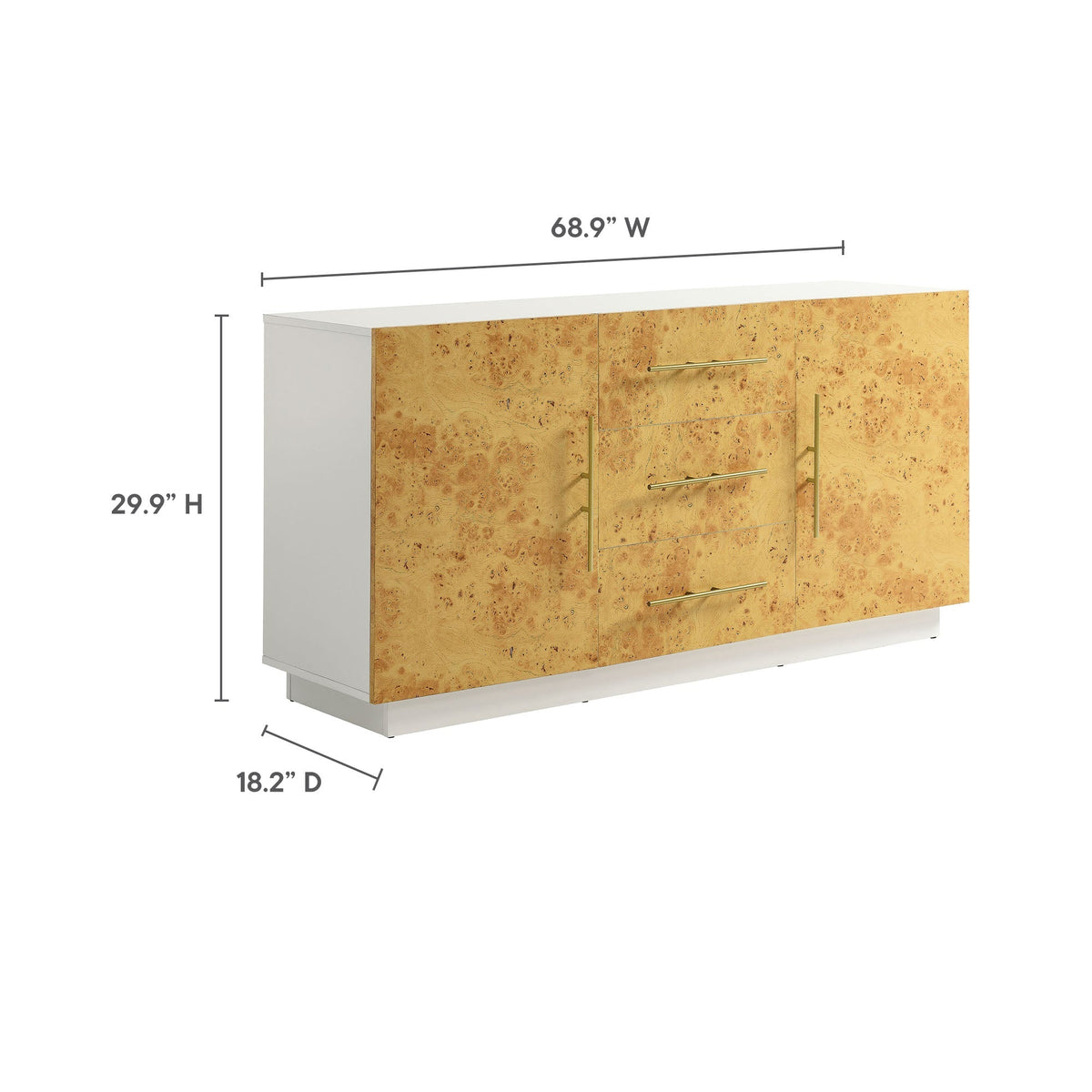 Abel Burl Wood Sideboard Buffet TV Stand by Modway, burl veneer on white frame with gold pulls on Tampa Home & Garden Store