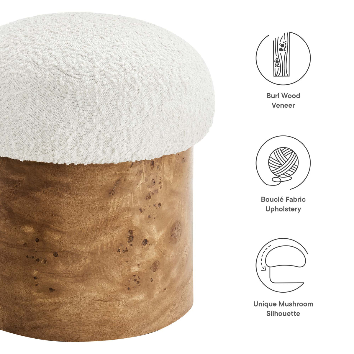 Breeze Boucle Upholstered Ottoman by Modway, off-white boucle fabric on burl wood veneer base on Tampa Home & Garden Store