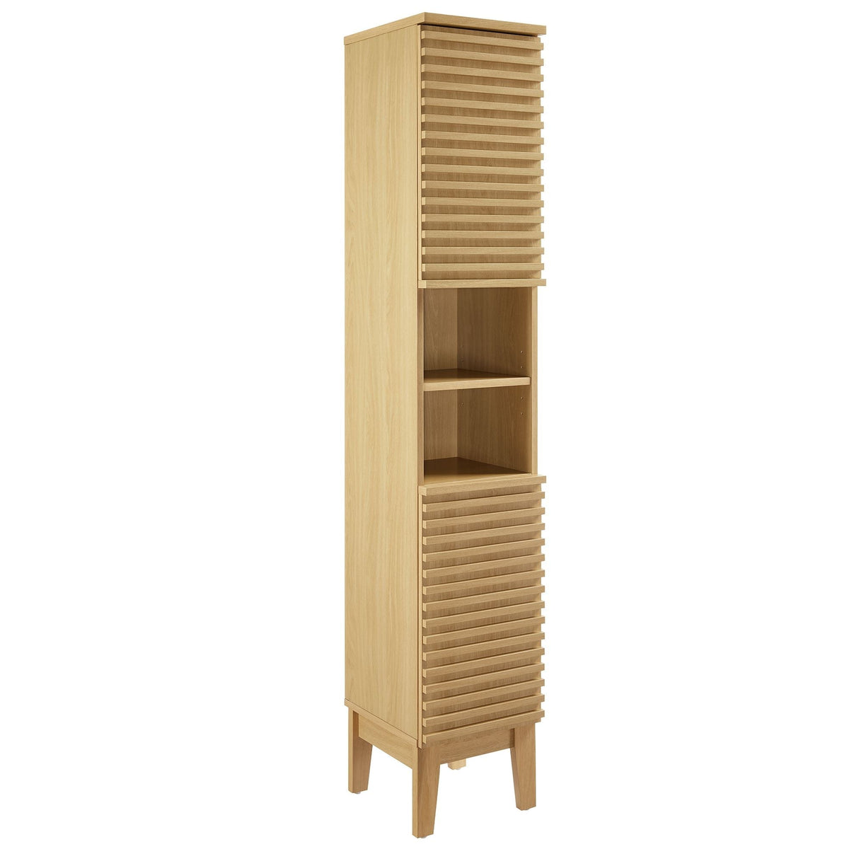 Render tall narrow bathroom storage cabinet by Modway in natural wood with slatted panels on Tampa Home & Garden Store