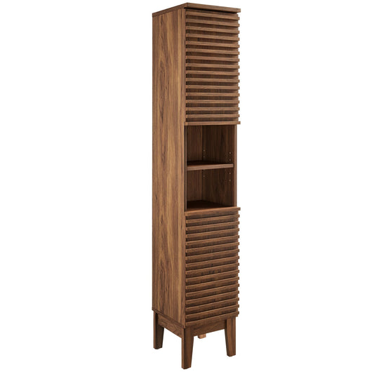 Tall narrow bathroom storage cabinet in warm walnut wood with slatted front by Modway on Tampa Home & Garden Store