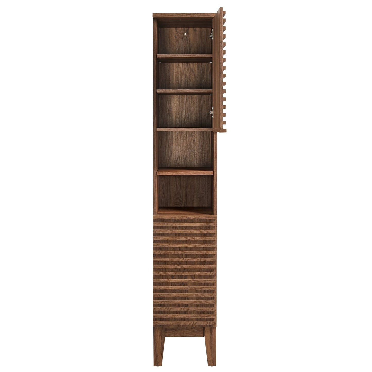 Render Tall Narrow Bathroom Storage Cabinet in dark wood with open door and shelves on Tampa Home & Garden Store