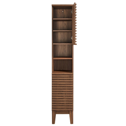 Render Tall Narrow Bathroom Storage Cabinet in dark wood with open door and shelves on Tampa Home & Garden Store
