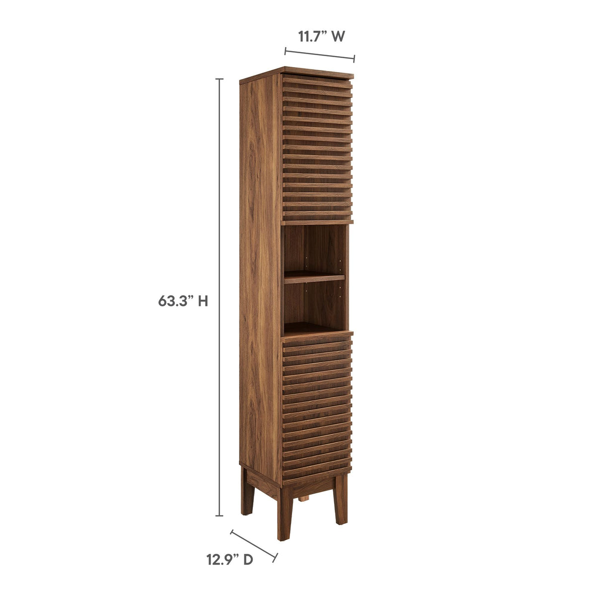 Render Tall Narrow Bathroom Storage Cabinet with slatted front and open shelves in wood finish on Tampa Home & Garden Store