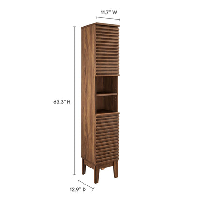 Render Tall Narrow Bathroom Storage Cabinet with slatted front and open shelves in wood finish on Tampa Home & Garden Store