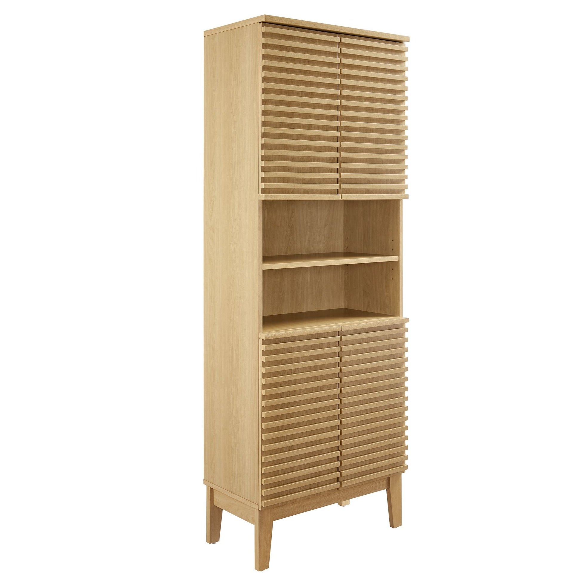 Render tall bathroom storage cabinet by Modway in natural wood with slatted front and open shelf on Tampa Home & Garden Store
