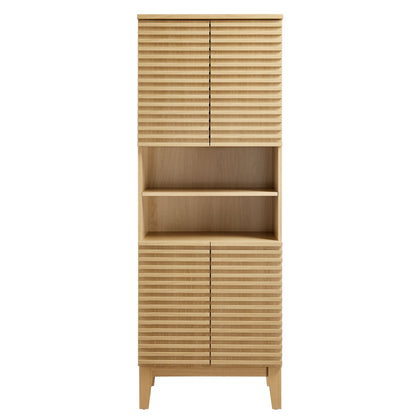 Render Tall Bathroom Storage Cabinet by Modway with natural wood, louvered doors and open shelf on Tampa Home & Garden Store