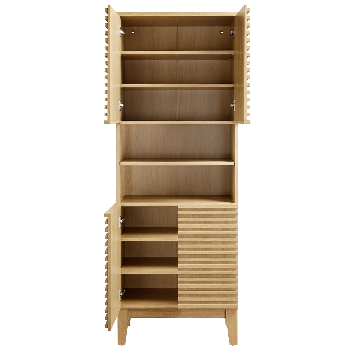 Render Tall Bathroom Storage Cabinet in natural wood with multiple internal shelves on Tampa Home & Garden Store