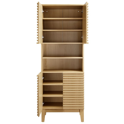 Render Tall Bathroom Storage Cabinet in natural wood with multiple internal shelves on Tampa Home & Garden Store