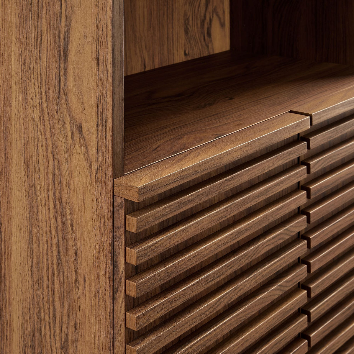 Render Tall Bathroom Storage Cabinet by Modway in walnut finish with slatted drawer fronts on Tampa Home & Garden Store
