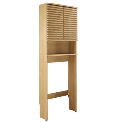 Render Over the Toilet bathroom storage cabinet in light oak with slatted doors and open shelf on Tampa Home & Garden Store