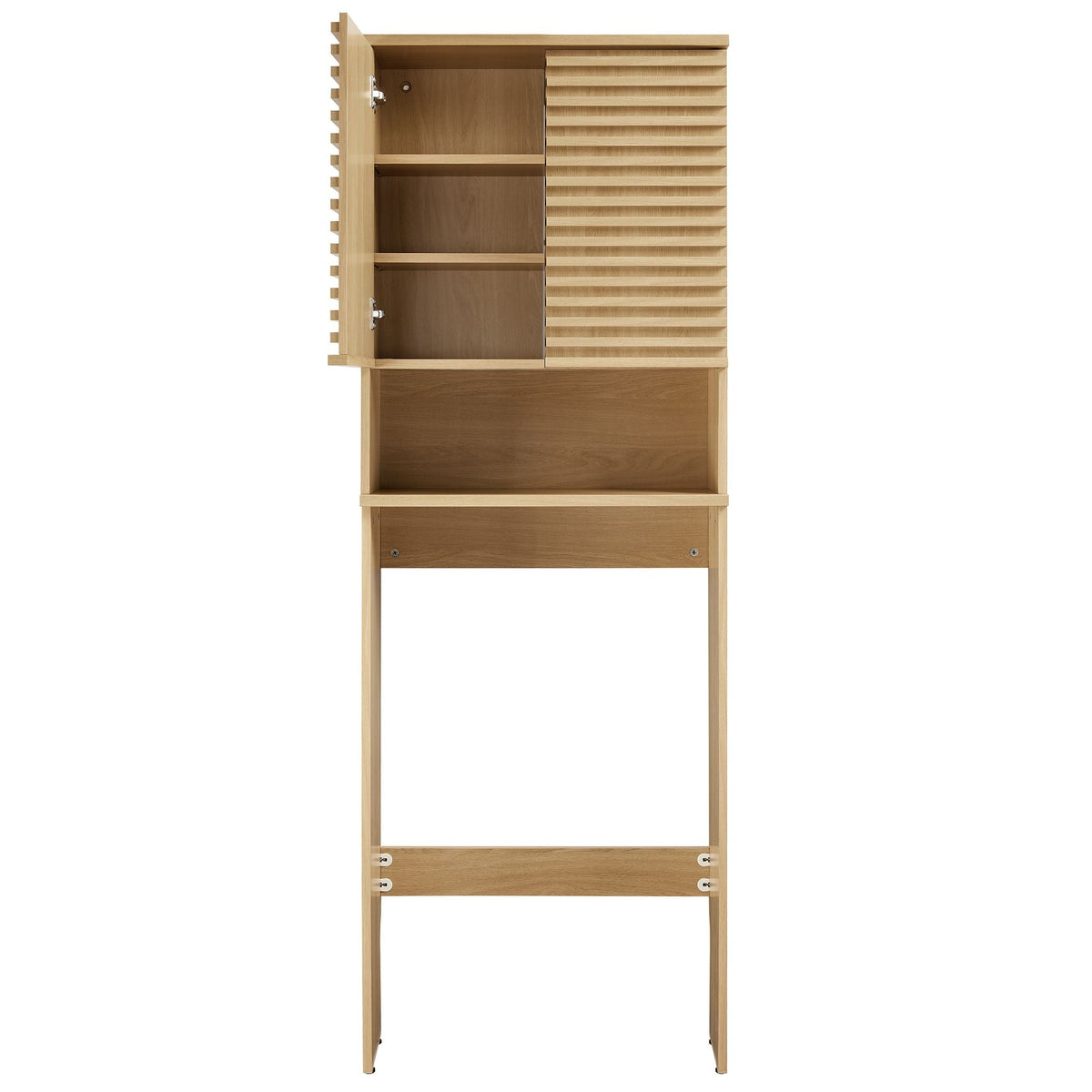 Over-the-toilet bathroom cabinet by Modway; natural wood, two interior shelves, louvered panel on Tampa Home & Garden Store