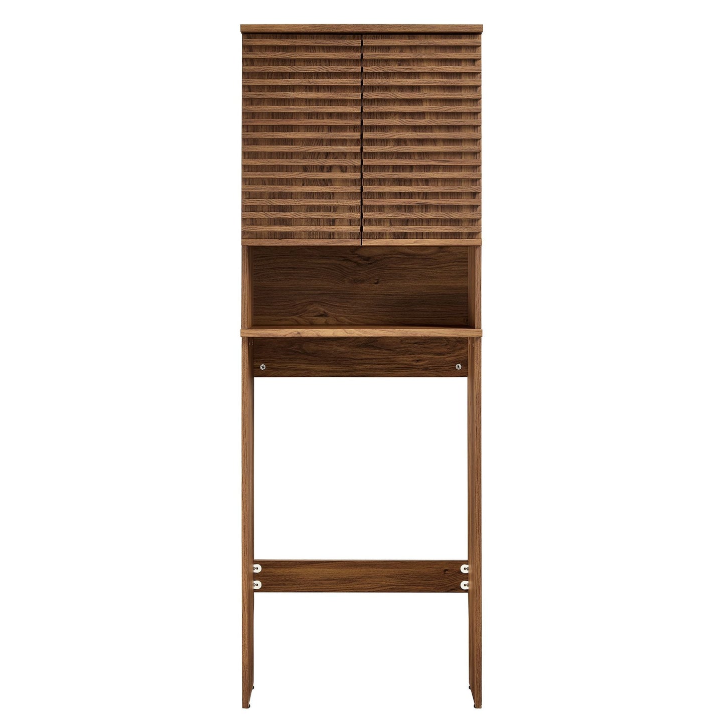 Render Over the Toilet bathroom storage cabinet with slatted doors in warm wood tone on Tampa Home & Garden Store