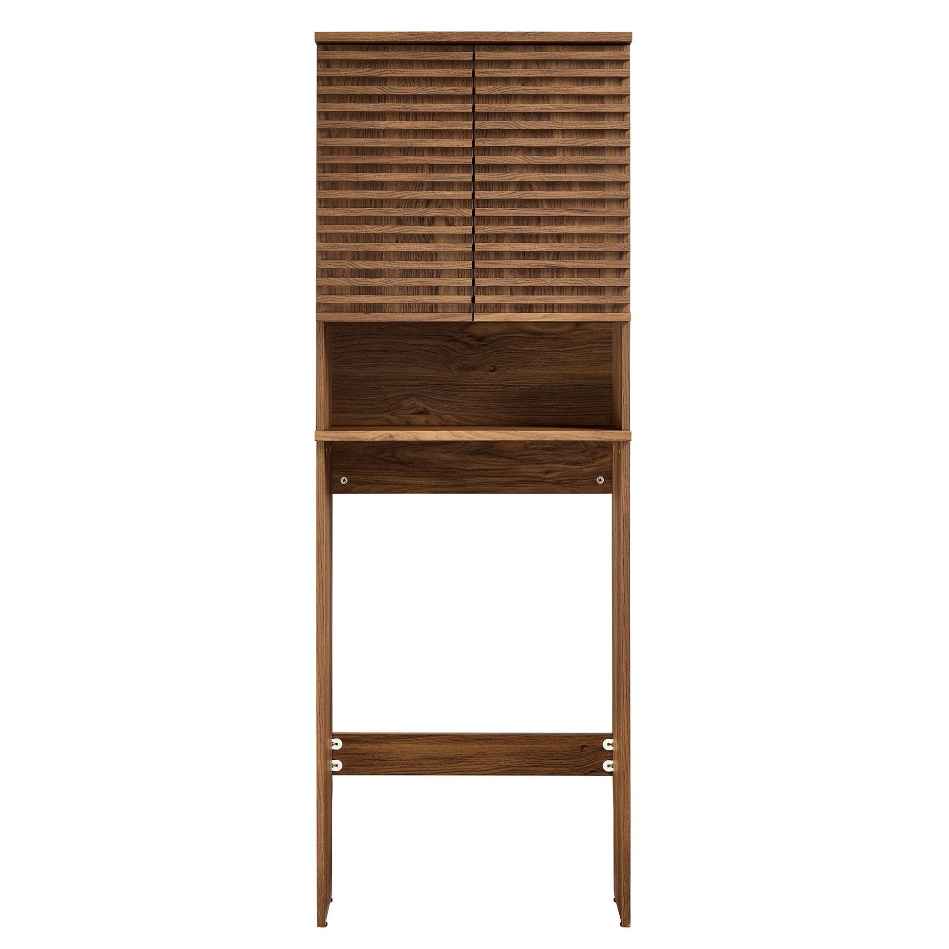 Render Over the Toilet bathroom storage cabinet with slatted doors in warm wood tone on Tampa Home & Garden Store