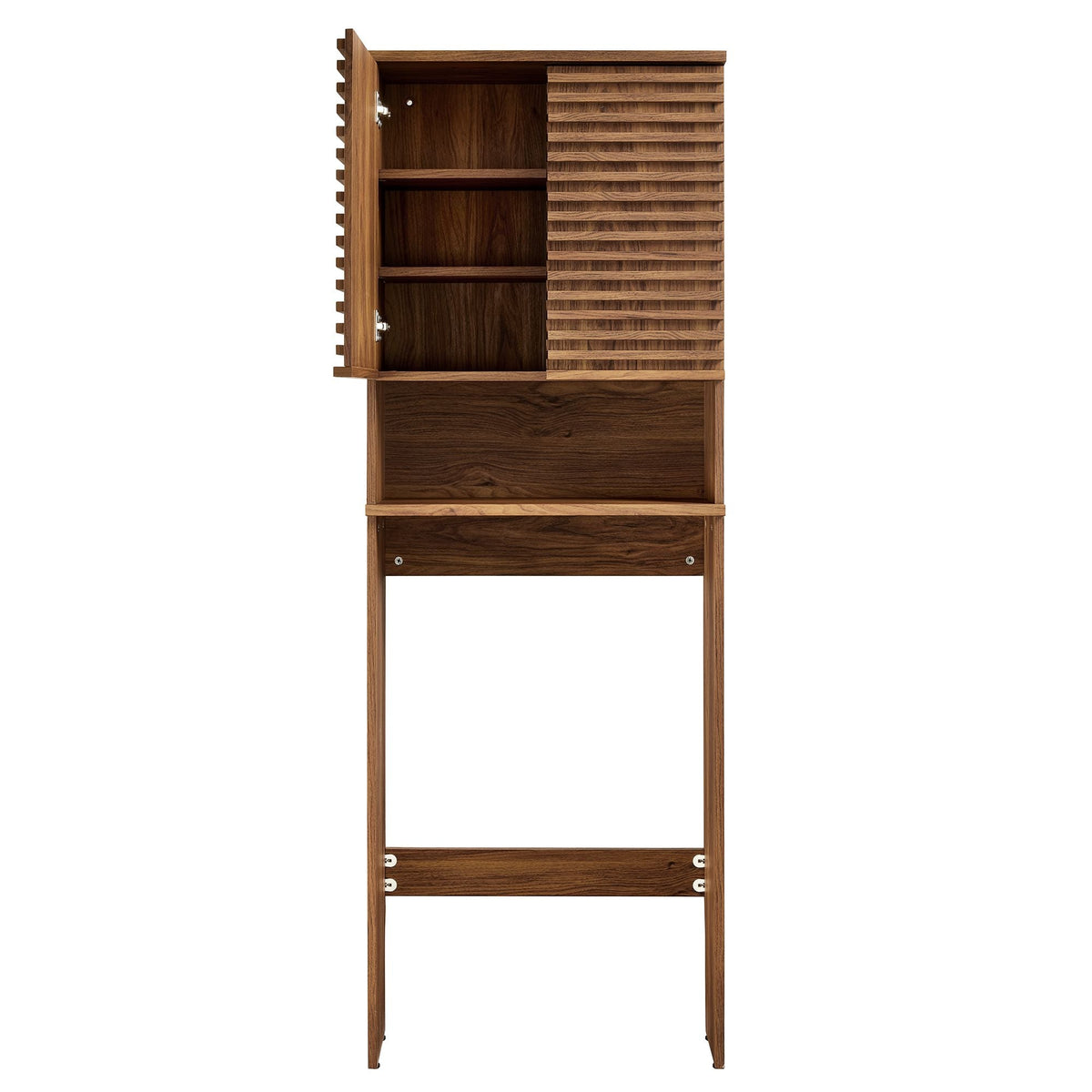 Render Over the Toilet cabinet by Modway in walnut with left shelves and right slatted door on Tampa Home & Garden Store