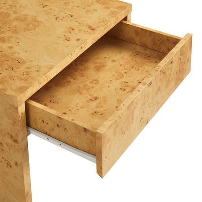Hudson 1-Drawer Burl Wood Nightstand close-up of burl veneer and open drawer on Tampa Home & Garden Store