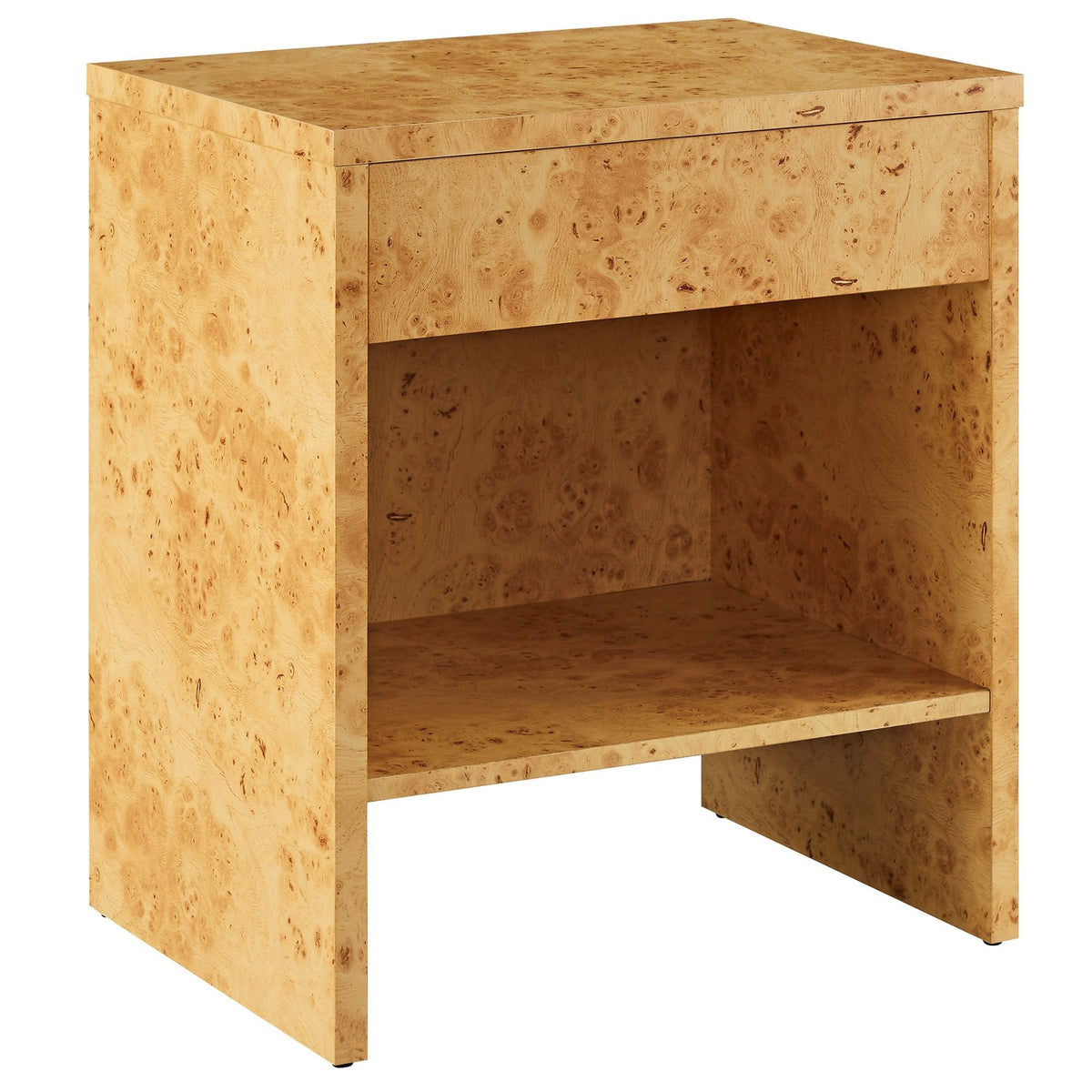 Hudson 1-Drawer Burl Wood Nightstand with Shelf in light burl finish on Tampa Home & Garden Store