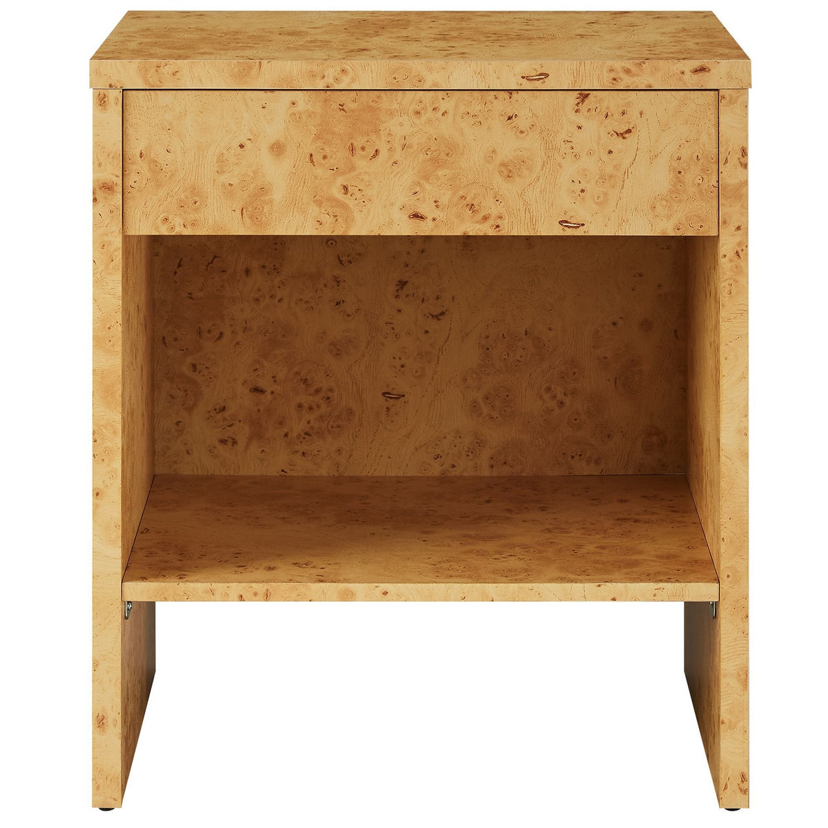 Hudson burl wood nightstand with 1 drawer and shelf, light natural finish by HouseOfZazla on Tampa Home & Garden Store