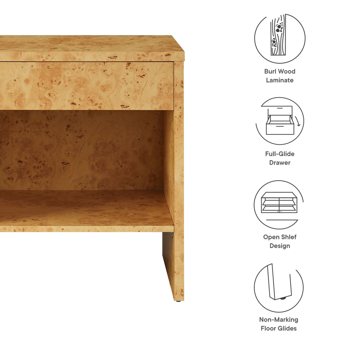 Hudson 1-drawer Burl Wood Nightstand with Shelf by HouseOfZazla, burl wood laminate, open shelf design on Tampa Home & Garden Store
