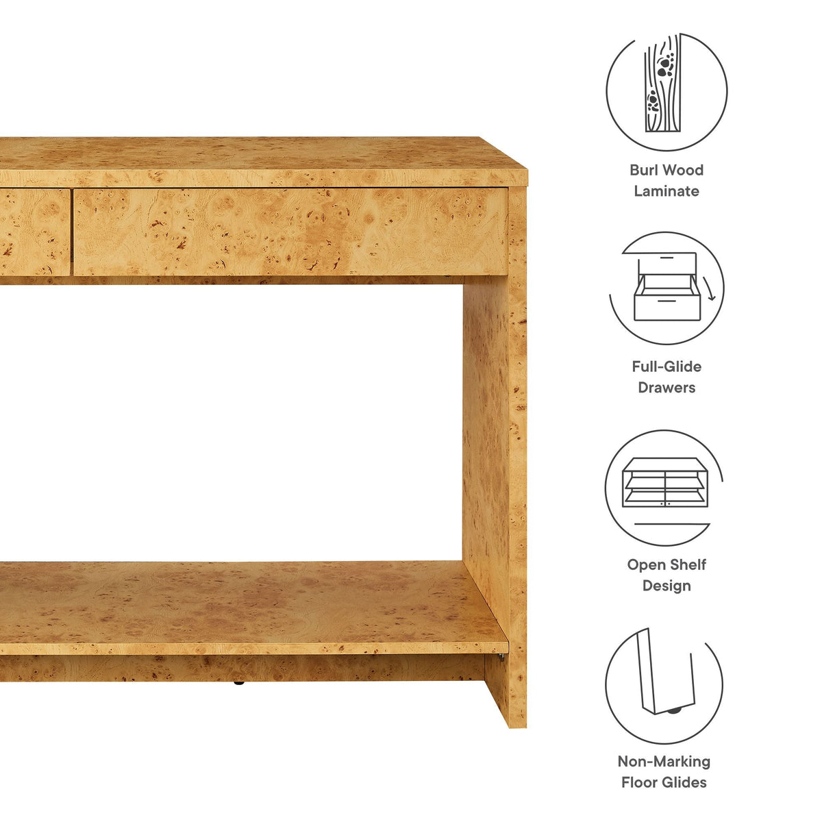 Hudson 2-drawer burl wood laminate console table for living room on Tampa Home & Garden Store