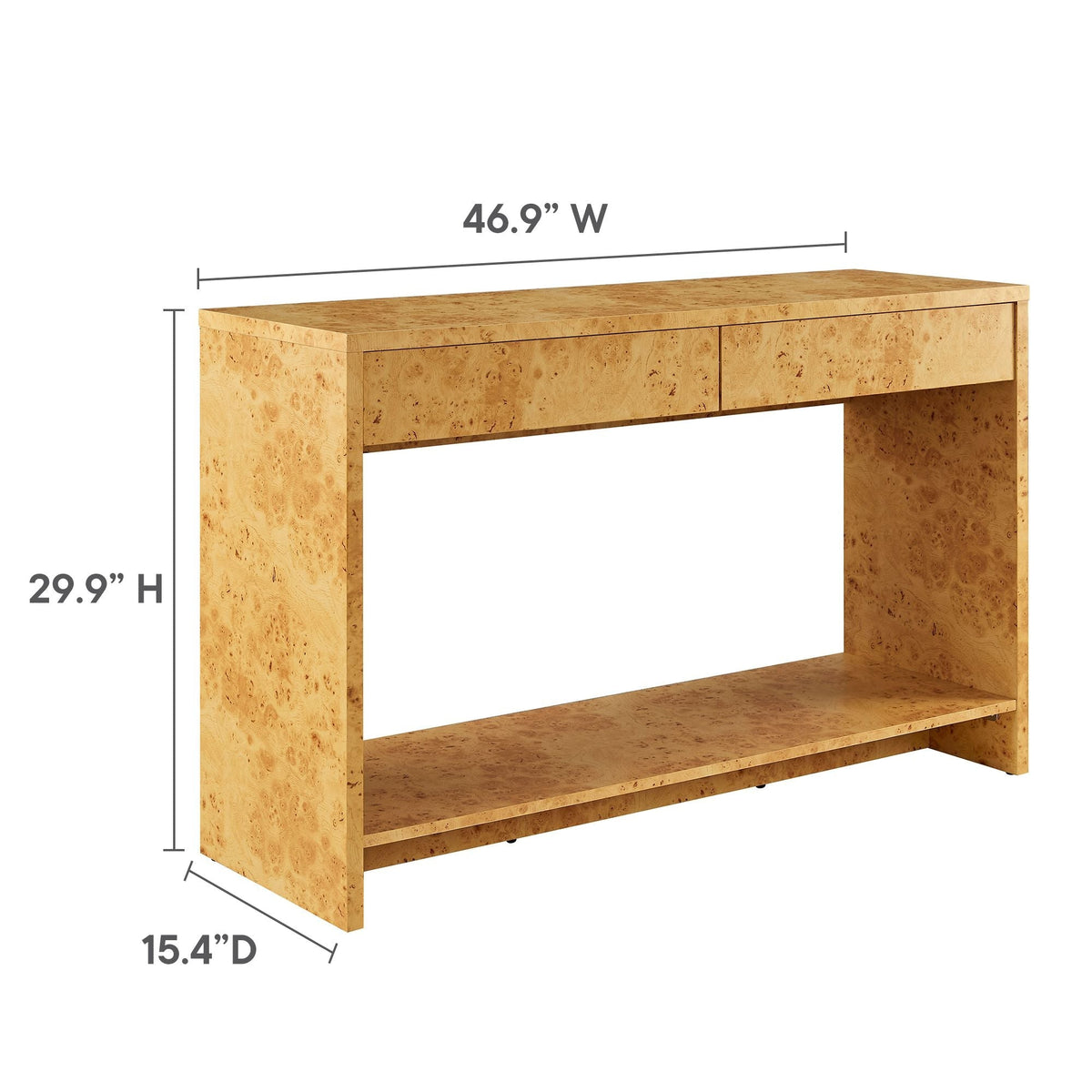 Hudson 2-Drawer Burl Wood Console Table burl wood finish with 2 drawers for living room on Tampa Home & Garden Store