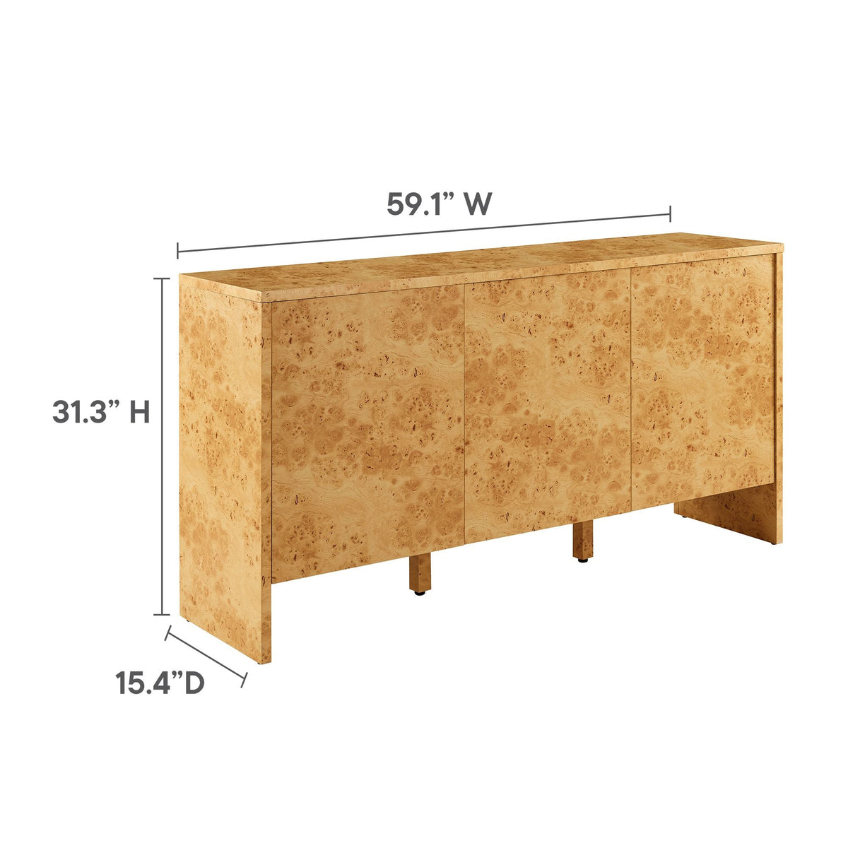 Hudson 60-inch Burl Wood Sideboard by Modway, burl veneer buffet with six doors, natural wood tone on Tampa Home & Garden Store