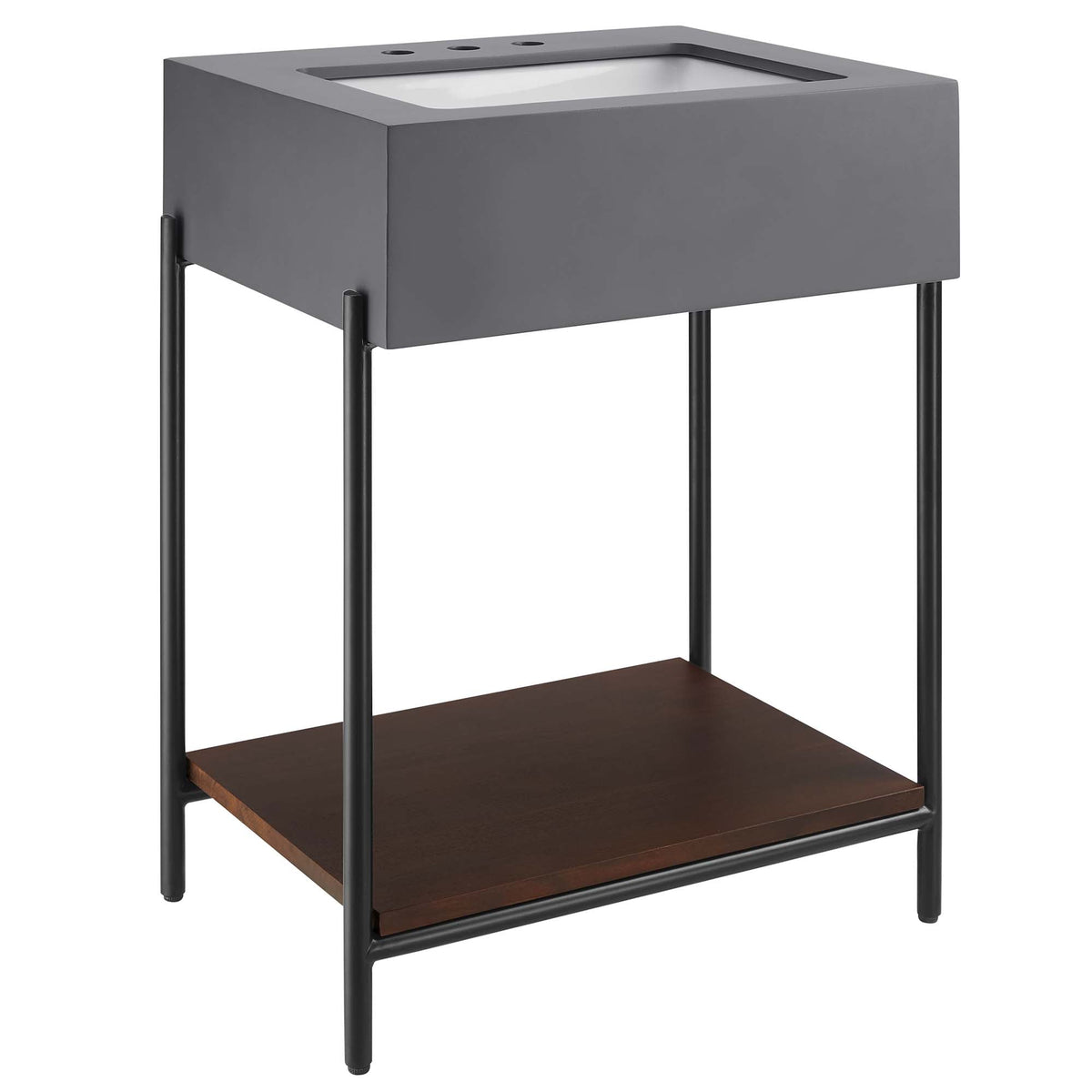 Etch 24in bathroom vanity with sink, gray cabinet on black metal legs with dark wood shelf on Tampa Home & Garden Store