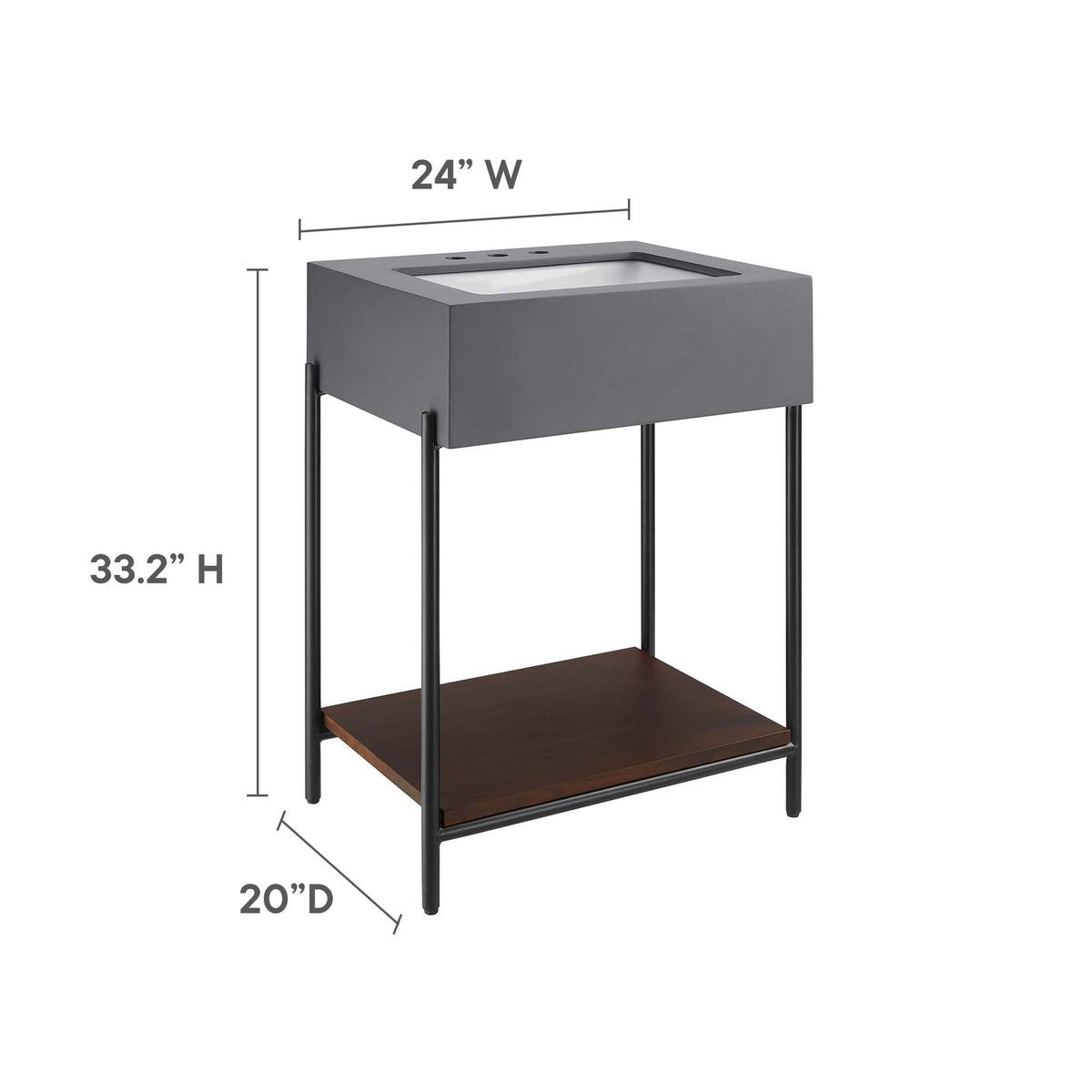 Etch 24in bathroom vanity with sink in gray finish, white basin, black metal legs, lower shelf on Tampa Home & Garden Store