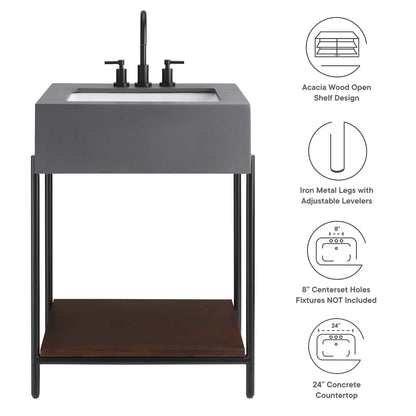 Etch 24in bathroom vanity with sink by Modway on black iron legs, acacia wood open shelf on Tampa Home & Garden Store