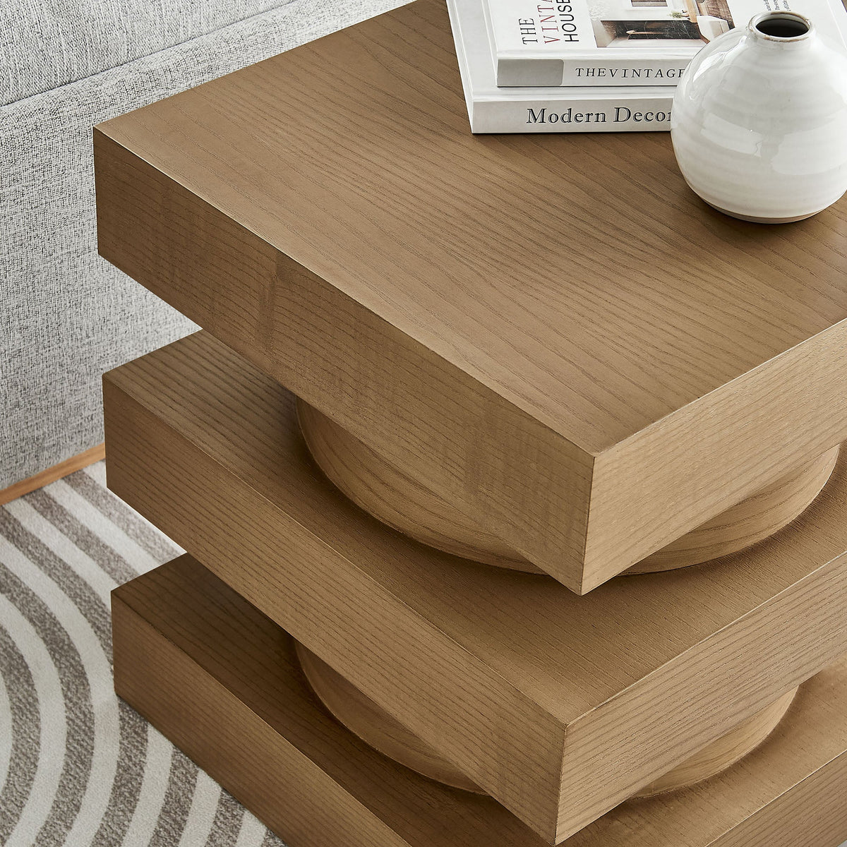 Perpetuate Totem End Table by Modway, warm wood finish with magazines and a white ceramic vase on Tampa Home & Garden Store