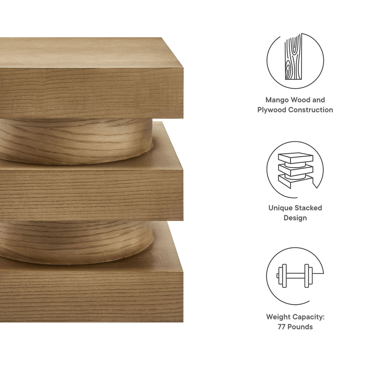 Perpetuate Totem End Table by Modway, natural mango wood with plywood, stacked design on Tampa Home & Garden Store