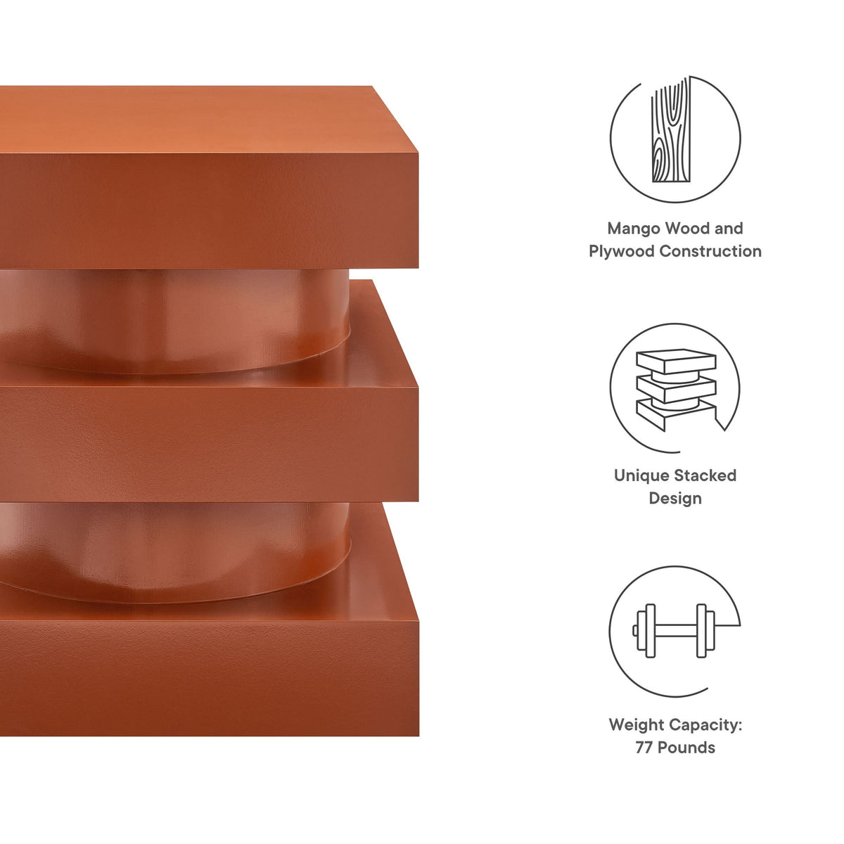Perpetuate Totem End Table by Modway rust-orange metal with a stacked block design on Tampa Home & Garden Store