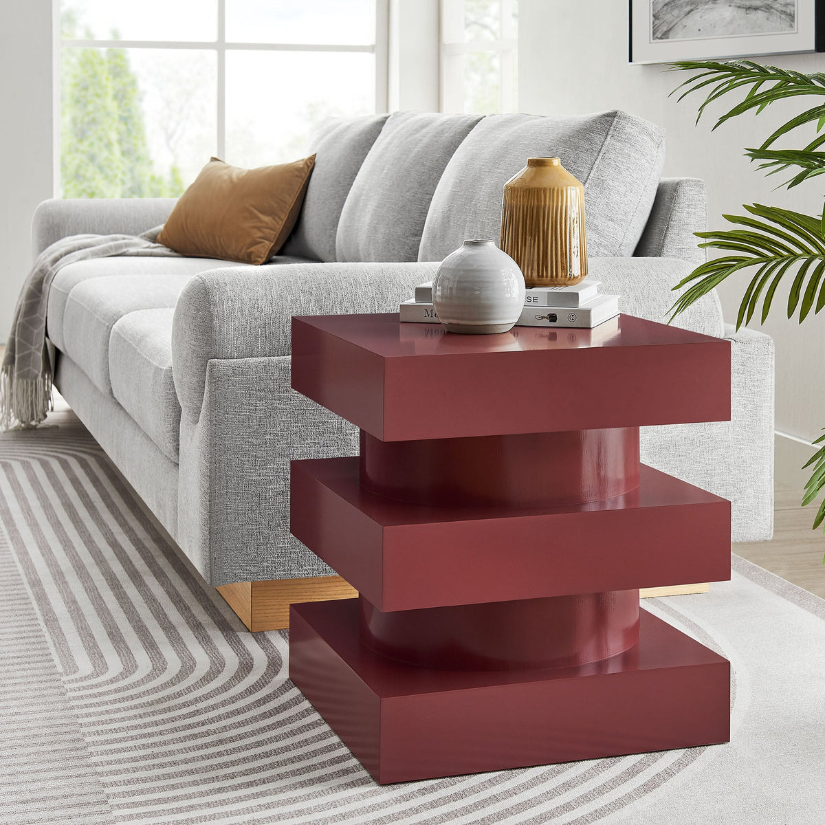 Perpetuate Totem End Table by Modway in burgundy with stacked block form; two vases on top on Tampa Home & Garden Store