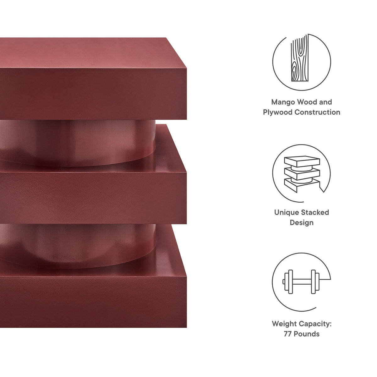 Perpetuate Totem End Table by Modway burgundy mango wood and plywood stacked block design on Tampa Home & Garden Store