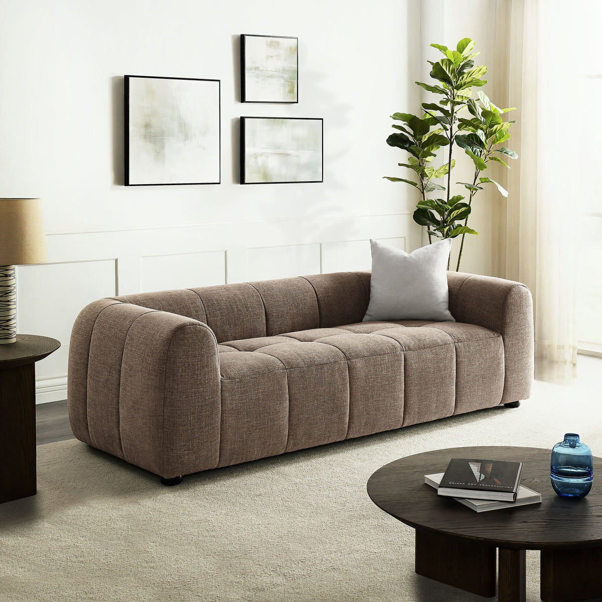 Liana Upholstered Fabric Sofa taupe-brown with tufted cushions by HouseOfZazla on Tampa Home & Garden Store