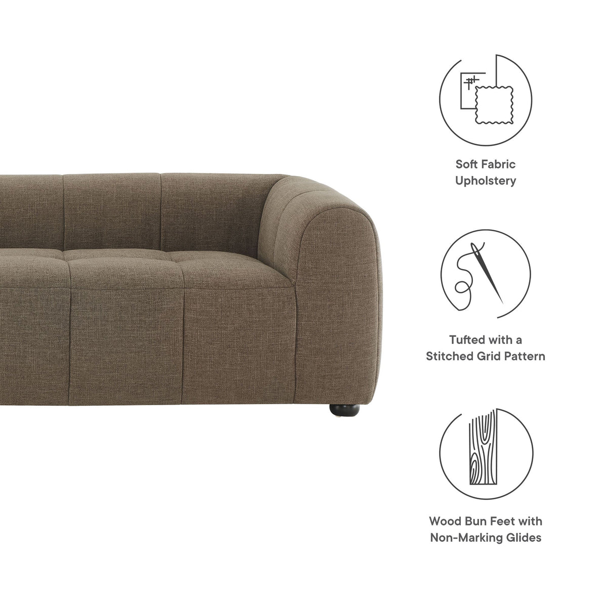 Liana Upholstered Fabric Sofa by Modway, brown fabric, tufted cushions, curved arms on Tampa Home & Garden Store