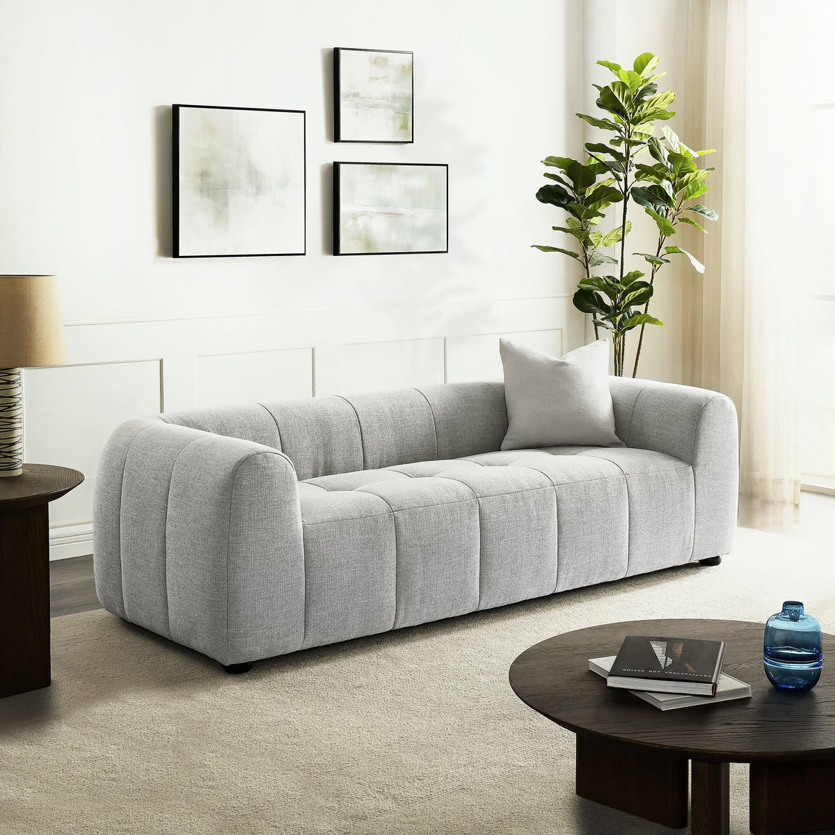 Liana Upholstered Fabric Sofa by Modway, light gray tufted cushions, soft rounded arms on Tampa Home & Garden Store
