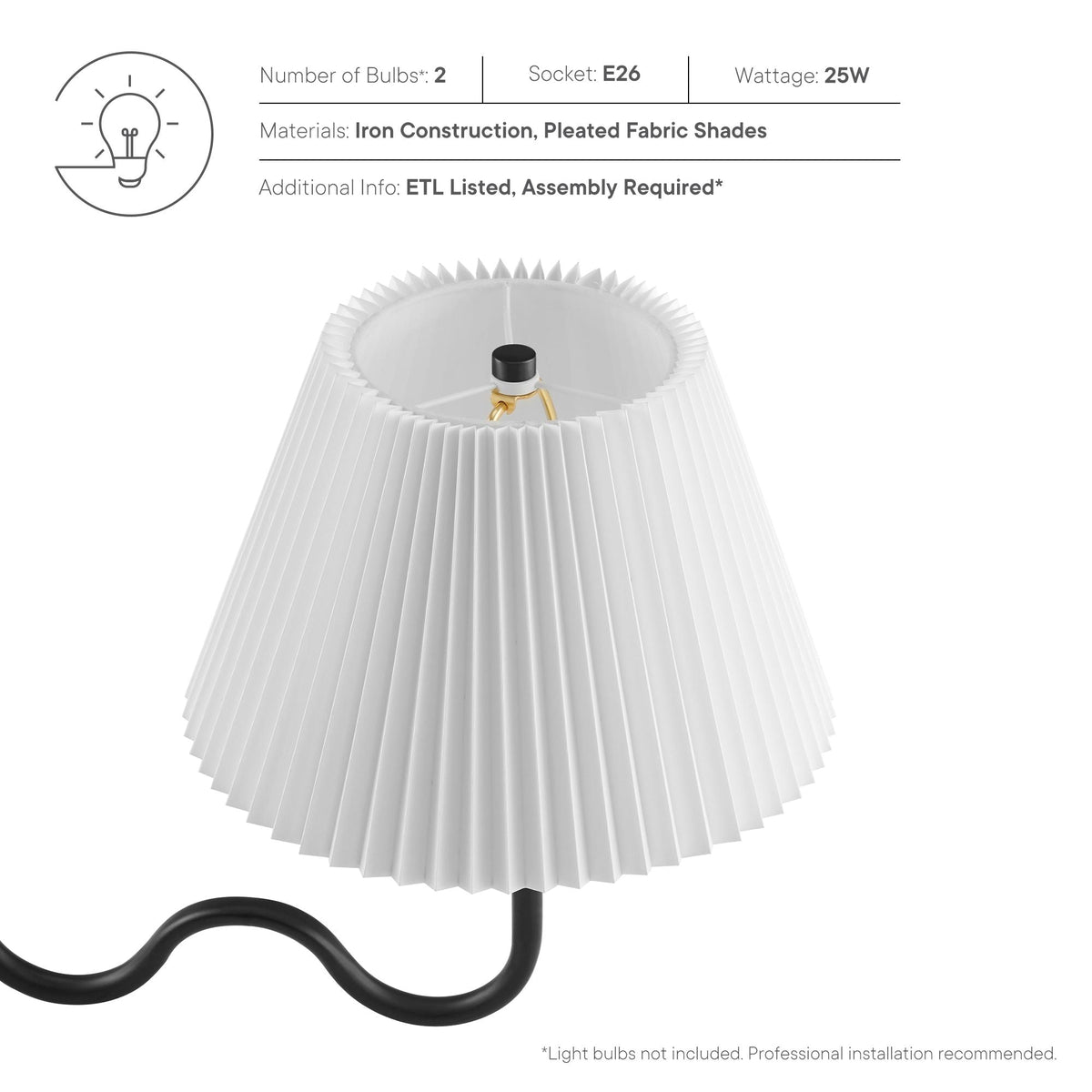 Wave Squiggle 2-Arm Pendant Light by HouseOfZazla white pleated shade iron construction on Tampa Home & Garden Store