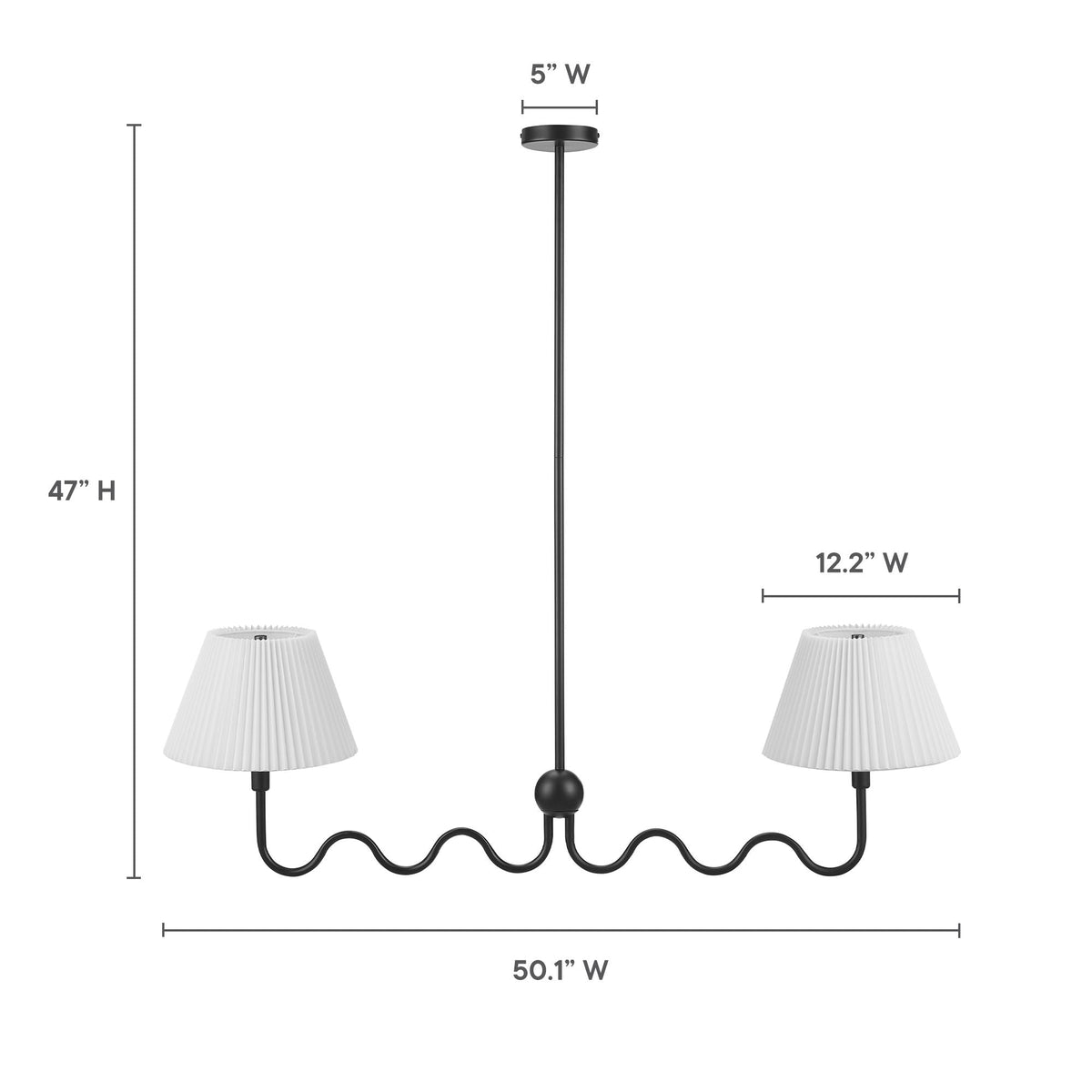 Wave Squiggle 2-Arm Pendant Light by Modway, black metal frame with white pleated shades on Tampa Home & Garden Store