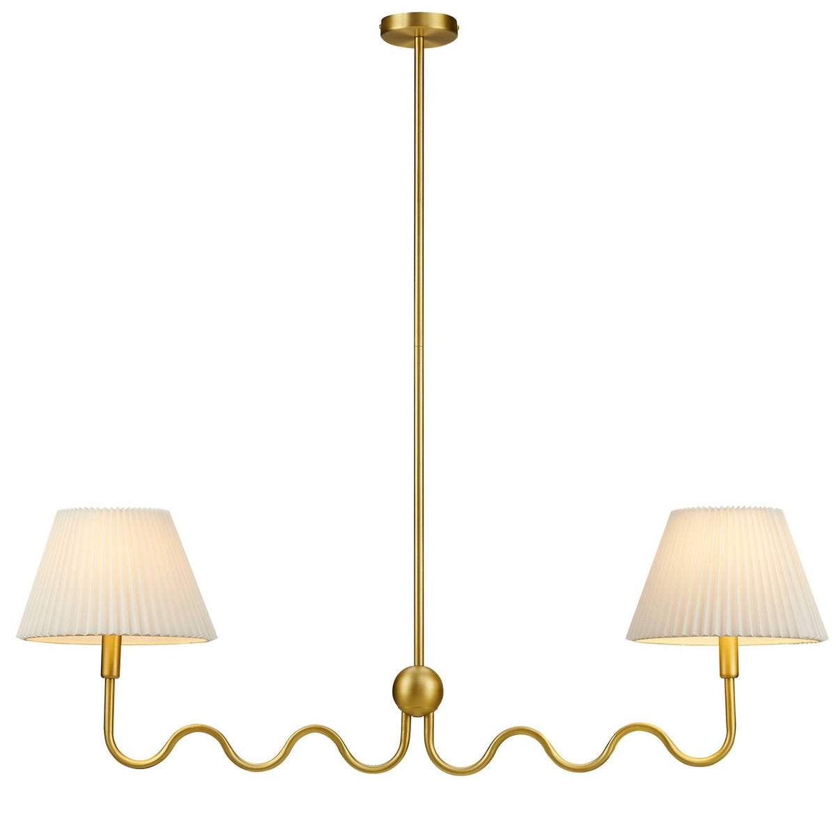 Wave Squiggle 2-Arm Pendant Light gold brass finish with cream pleated fabric shades on Tampa Home & Garden Store