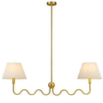 Wave Squiggle 2-Arm Pendant Light gold brass finish with cream pleated fabric shades on Tampa Home & Garden Store